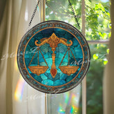 Libra Zodiac Stained Glass Suncatcher, Round Balance Scale Window Panel with Blue Starry Background, Astrology Home Decor Gift